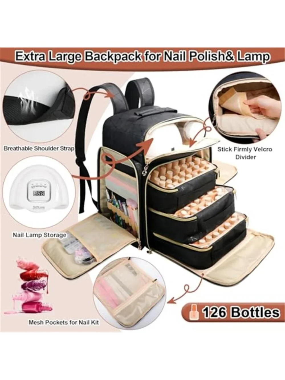 Nail Polish Organizer Backpack Holds 126 Bottles& Nail Lamp, Extra Large